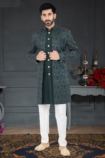 Blissful Dark Green Color Jacquard Fabric Italian Indo Western