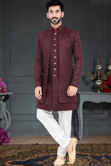 Attractive Maroon Color Italian Indo Western In Fancy Fabric