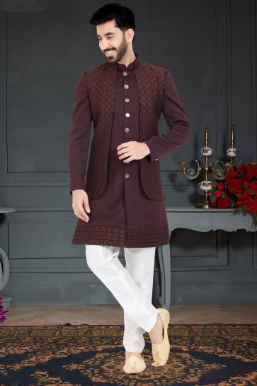 Majestic Maroon Color Jacquard Fabric Italian Indo Western