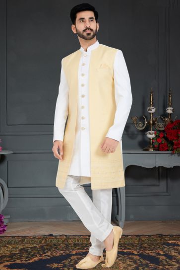 Fascinate Jacquard Fabric Italian Indo Western In White Color