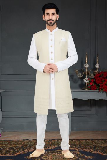 Jacquard Fabric Italian Indo Western In Artistic White Color