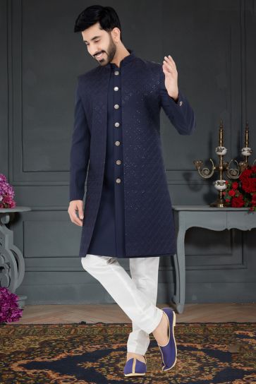 Trendy Textured Navy Blue Color Fancy Fabric Italian Indo Western