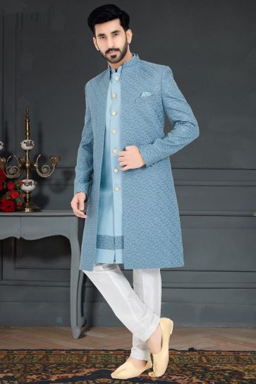 Sky Blue Color Fancy Fabric Engrossing Italian Indo Western