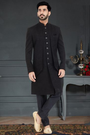 Black Color Provocative Italian Indo Western In Jacquard Fabric