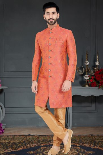 Extravagant Orange Color Jacquard Fabric Italian Indo Western
