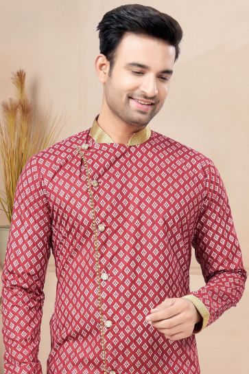 Printed Maroon Cotton Graceful Readymade Men Indo Western