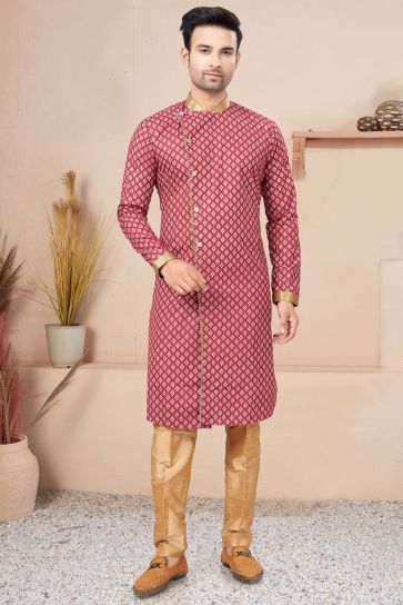 Printed Maroon Cotton Graceful Readymade Men Indo Western