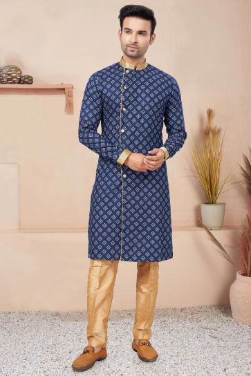 Cotton Printed Navy Blue Magnificent Readymade Men Indo Western
