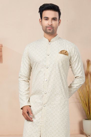 Printed Cream Color Readymade Cotton Fabric Indo Western For Men