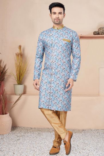 Cotton Fabric Printed Readymade Blue Color Indo Western For Men