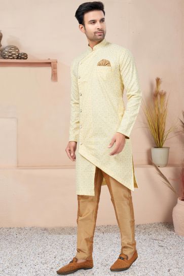 Printed Readymade Indo Western For Men In Beige Cotton Fabric
