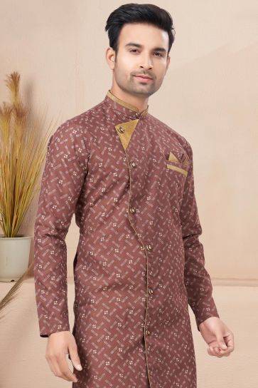 Printed Readymade Indo Western For Men In Cotton Brown Color