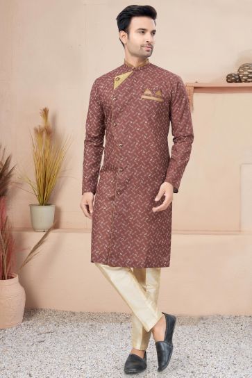 Printed Readymade Indo Western For Men In Cotton Brown Color