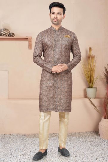 Brown Color Printed Cotton Fabric Fancy Readymade Indo Western For Men