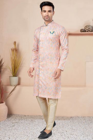 Cotton Fabric Pink Color Printed Trendy Readymade Men Indo Western