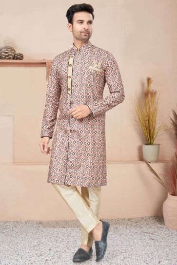 Light Brown Color Fancy Fabric Printed Designer Readymade Indo Western For Men