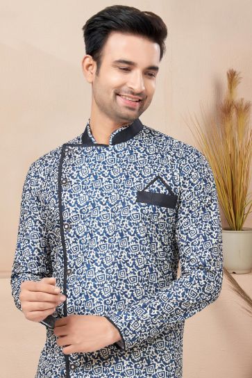 Printed Appealing Blue Color Fancy Fabric Readymade Indo Western For Men