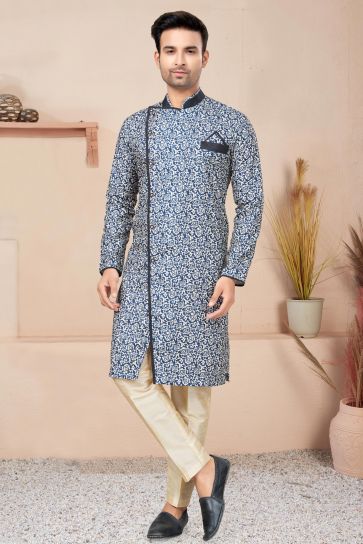 Printed Appealing Blue Color Fancy Fabric Readymade Indo Western For Men