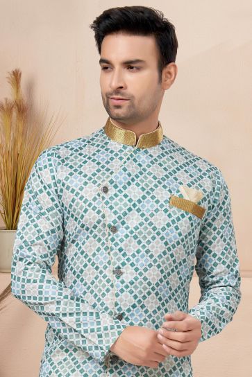 Teal Color Printed Engaging Cotton Fabric Readymade Indo Western For Men
