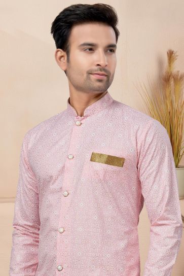 Pink Color Cotton Fabric Printed Captivating Readymade Indo Western For Men