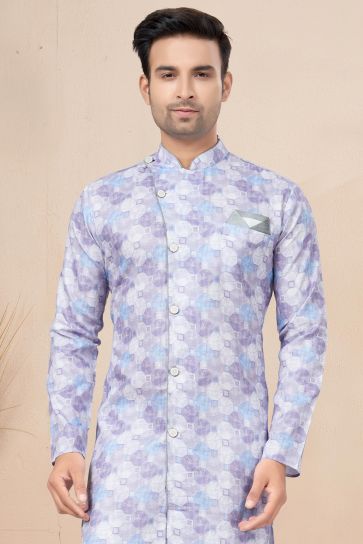 Fetching Lavender Cotton Fabric Printed Readymade Indo Western For Men