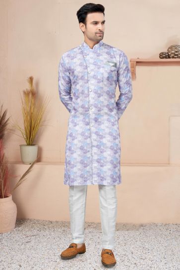 Fetching Lavender Cotton Fabric Printed Readymade Indo Western For Men