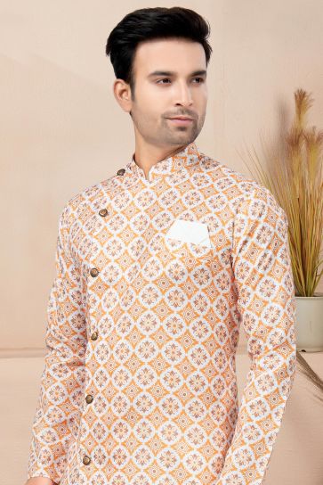 Printed Orange Color Gorgeous Cotton Readymade Indo Western For Men