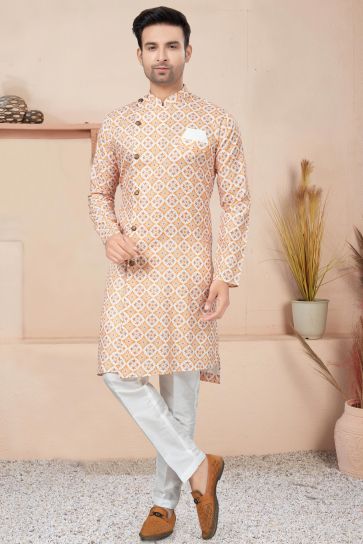 Printed Orange Color Gorgeous Cotton Readymade Indo Western For Men