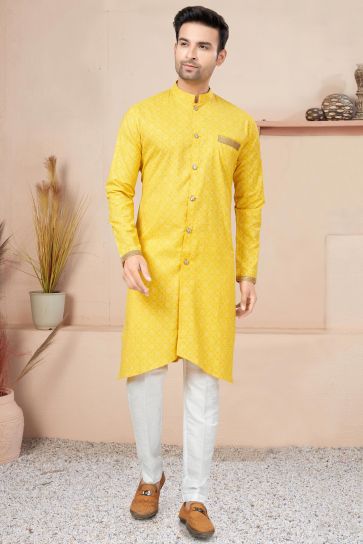 Yellow Color Printed Cotton Fabric Striking Readymade Indo Western For Men