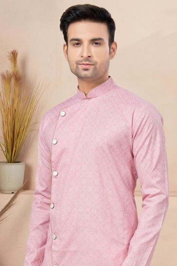 Lovely Pink Color Printed Readymade Indo Western For Men