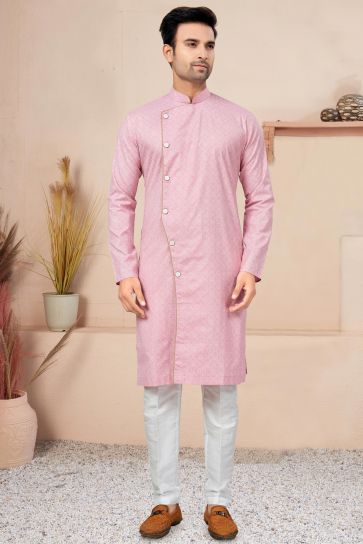 Lovely Pink Color Printed Readymade Indo Western For Men