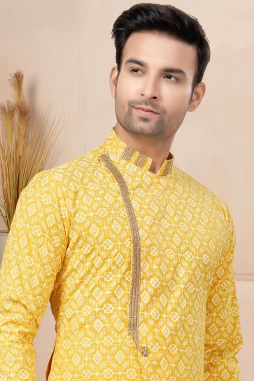 Beautiful Printed Cotton Fabric Readymade Indo Western For Men In Yellow Color