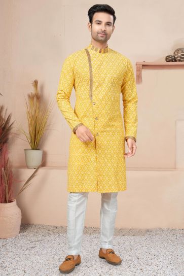 Beautiful Printed Cotton Fabric Readymade Indo Western For Men In Yellow Color