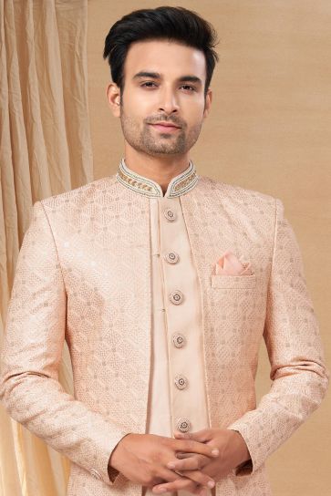 Peach Color Engaging Fancy Fabric Readymade Indo Western For Men