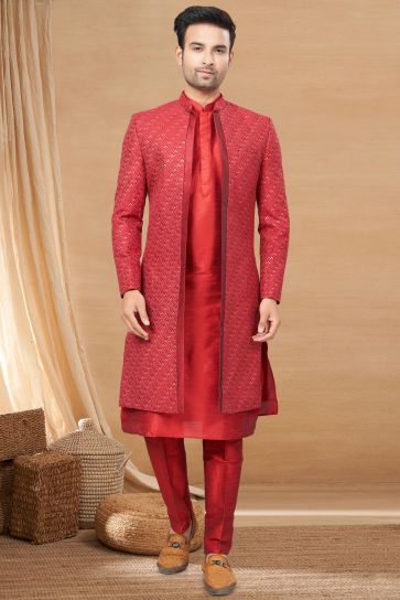 Red Color Art Silk Fabric Captivating Readymade Indo Western For Men