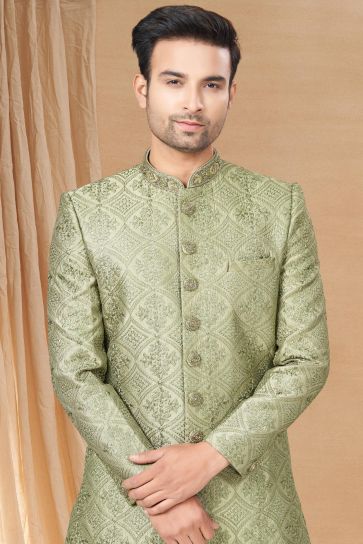 Fetching Green Fancy Fabric Readymade Indo Western For Men