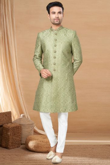 Fetching Green Fancy Fabric Readymade Indo Western For Men