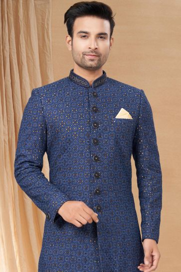 Navy Blue Color Gorgeous Fancy Fabric Readymade Indo Western For Men