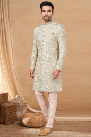 Lovely Sea Green Color Readymade Indo Western For Men