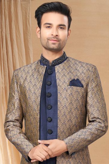 Navy Blue Color Pretty Readymade Indo Western For Men In Art Silk Fabric