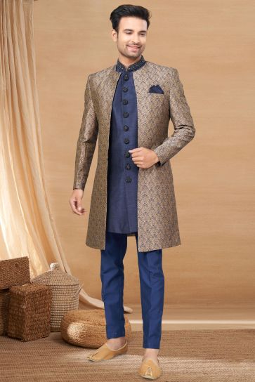 Navy Blue Color Pretty Readymade Indo Western For Men In Art Silk Fabric