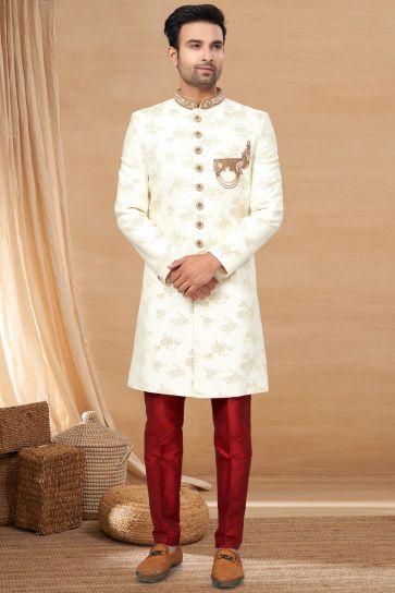 White Jacquard Fabric Trendy Readymade Indo Western For Men