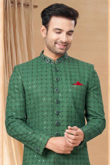 Green Lovely Fancy Fabric Readymade Indo Western For Men