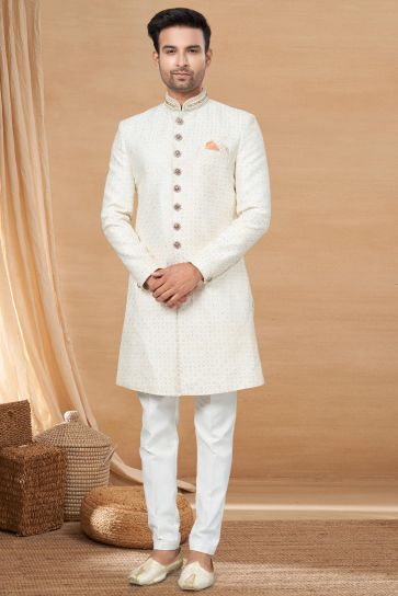 Pretty Fancy Fabric Readymade Men Indo Western In Off White Color