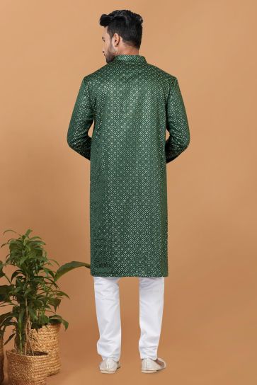 Gajji Silk Sequins Embroidery Dark Green Magnificent Readymade Men Kurta Pyjama