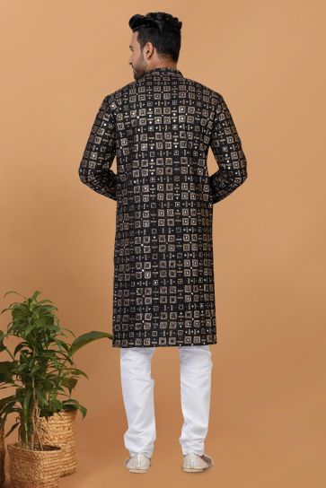 Sequins Embroidery Black Color Readymade Georgette Fabric Kurta Pyjama For Men