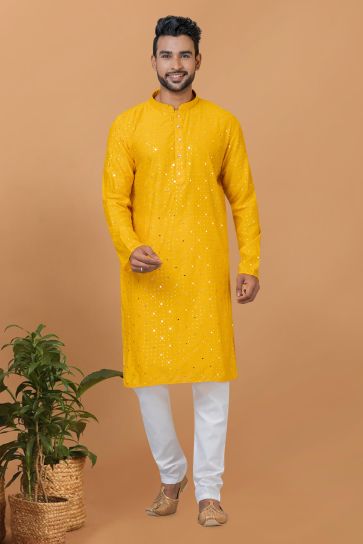 Cotton Fabric Sequins Embroidery Readymade Yellow Color Kurta Pyjama For Men