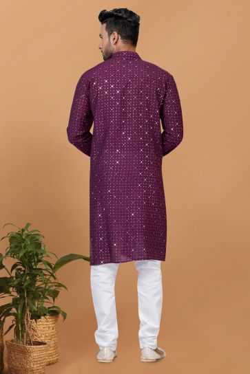 Sequins Embroidery Readymade Kurta Pyjama For Men In Purple Cotton Fabric
