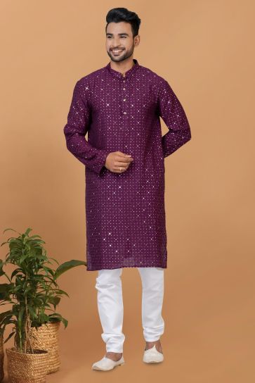 Sequins Embroidery Readymade Kurta Pyjama For Men In Purple Cotton Fabric