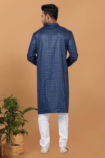 Sequins Embroidery Readymade Kurta Pyjama For Men In Gajji Silk Blue Color